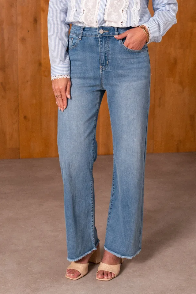 Maison Onado Elaine jean wide leg bleu délavé frangé
