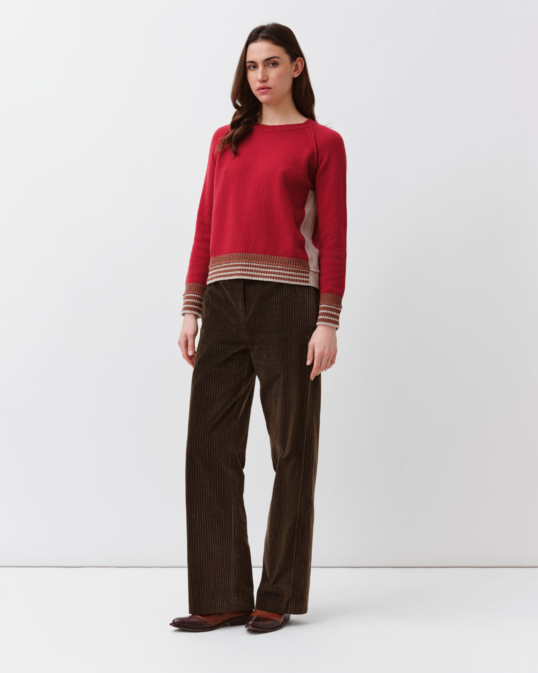 Diega Palizo pull rouge écru camel à rayures