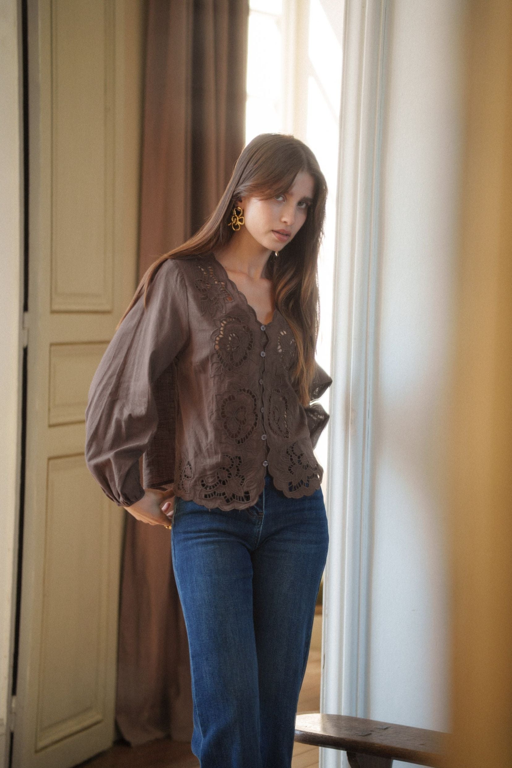 Maison Onado Anna chemise chocolat brodée manches longues