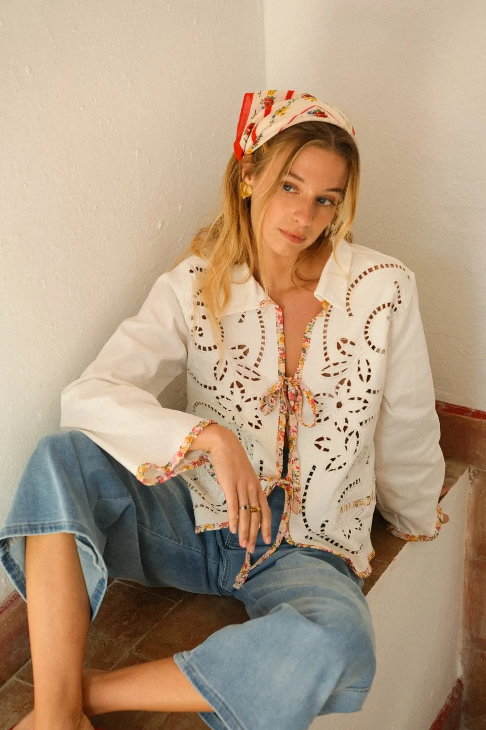 Maison Onado Mireille veste écru denim brodée