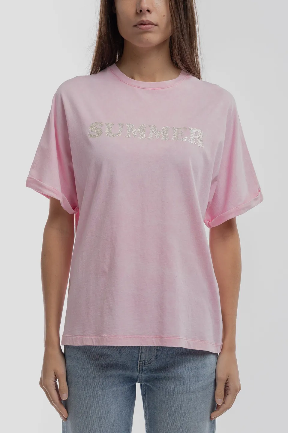 Teddy Smith T-Glitter MC t-shirt oversize rose bonbon