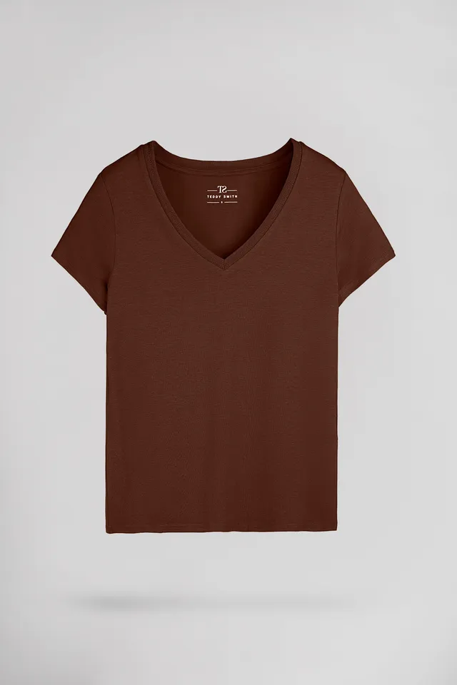 Teddy Smith T-Mia MC t-shirt femme chocolat col V fluide
