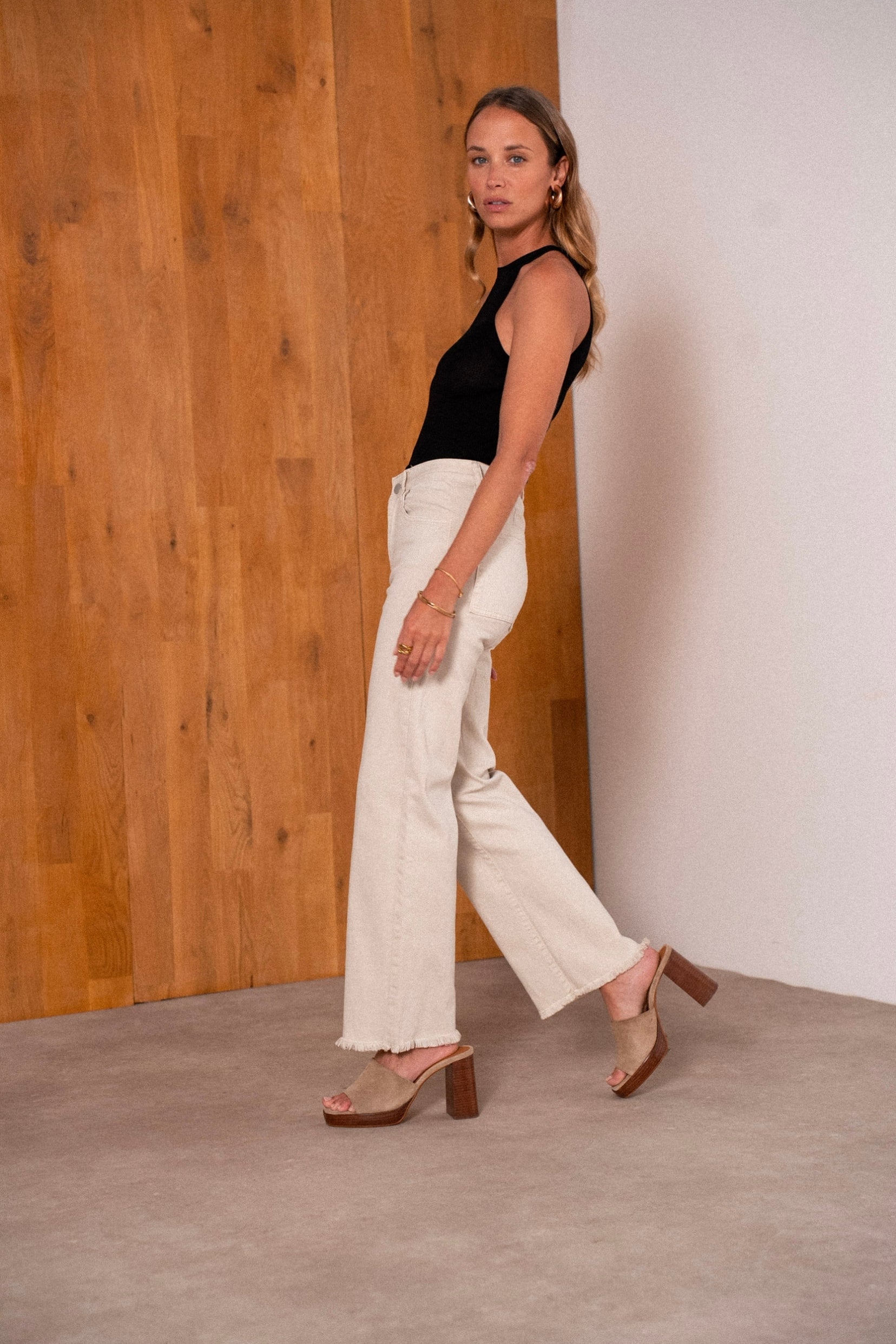 Maison Onado Elaine jean wide beige frangé coton