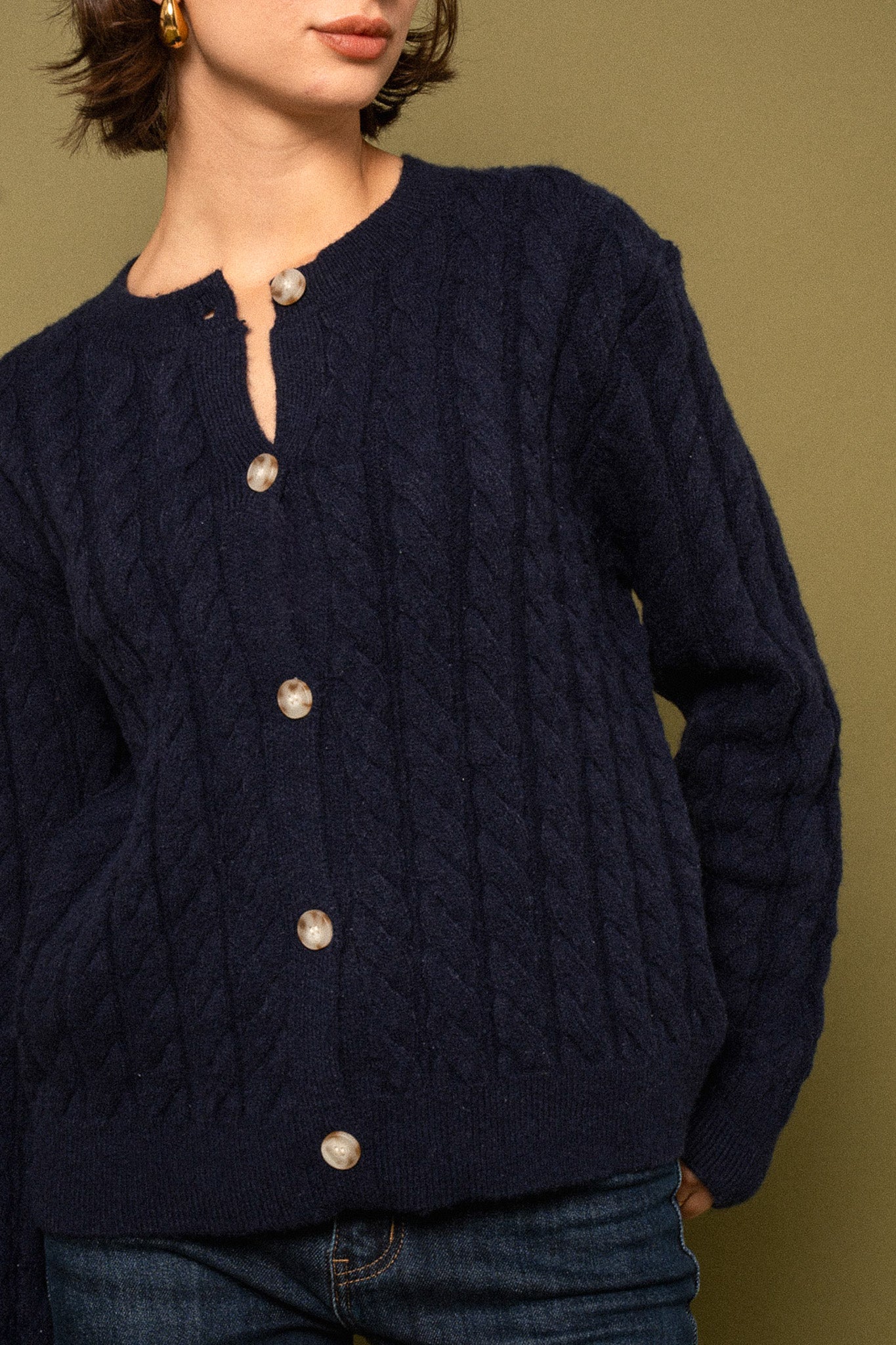 Maison Onado Tressia cardigan marine torsadé
