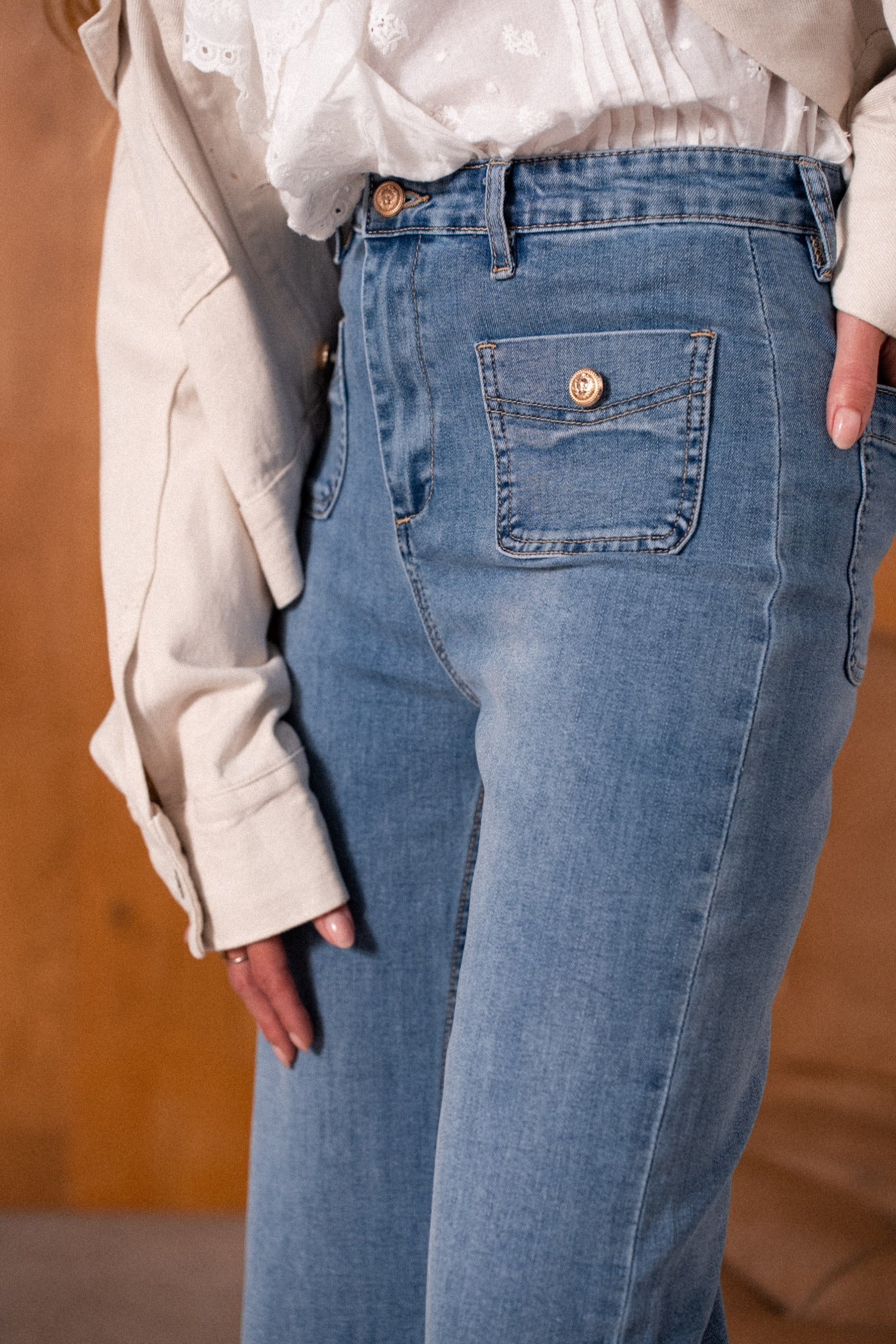 Maison Onado Pépita jean wide flare bleu délavé coton