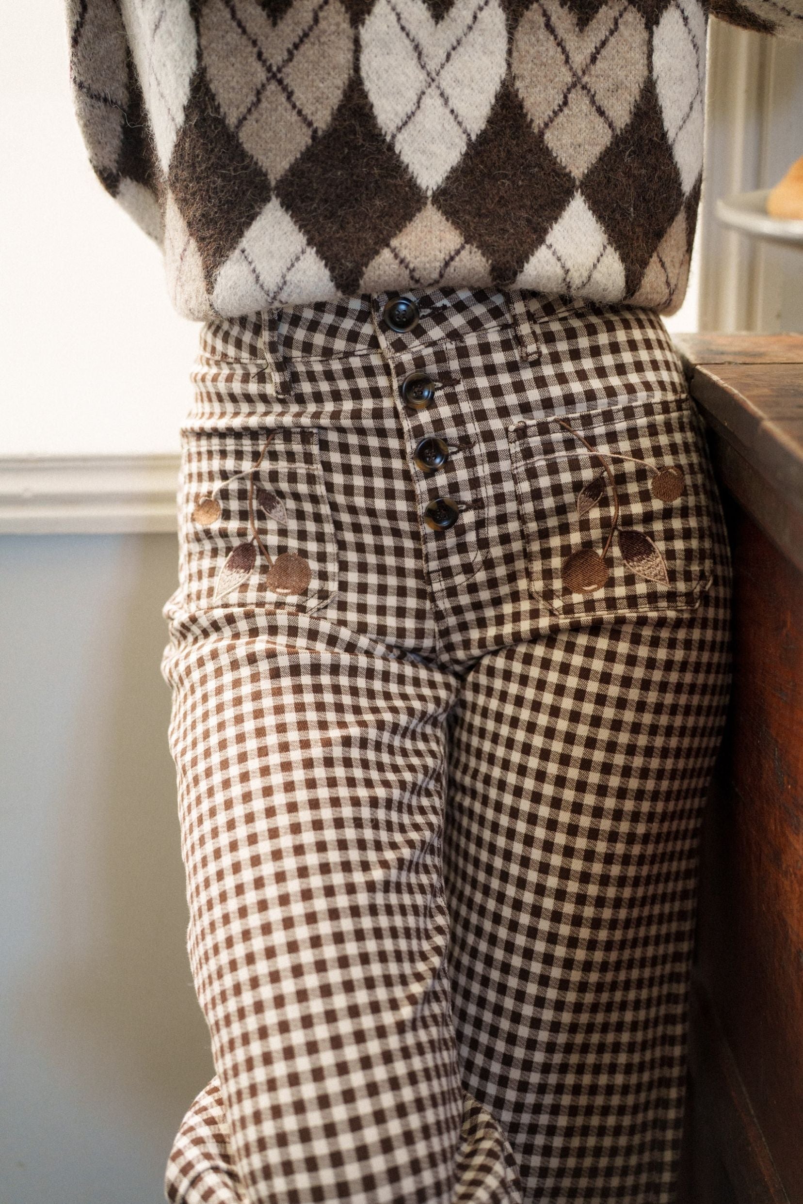 Maison Onado Ella pantalon wide leg vichy chocolat