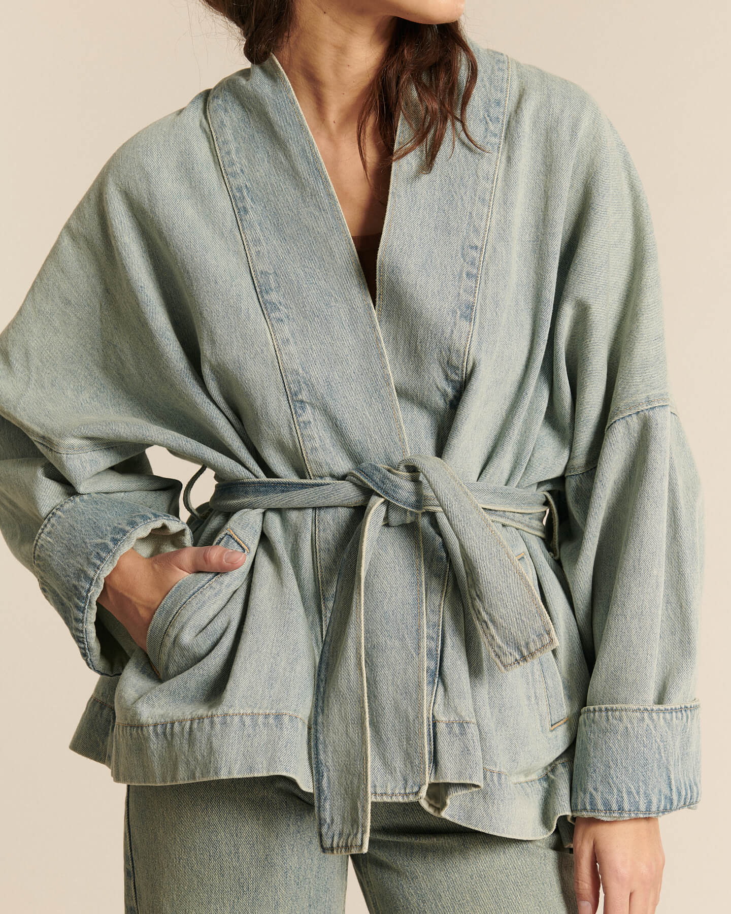 Labdip Bali Dirty Blue veste jean kimono mi-longue
