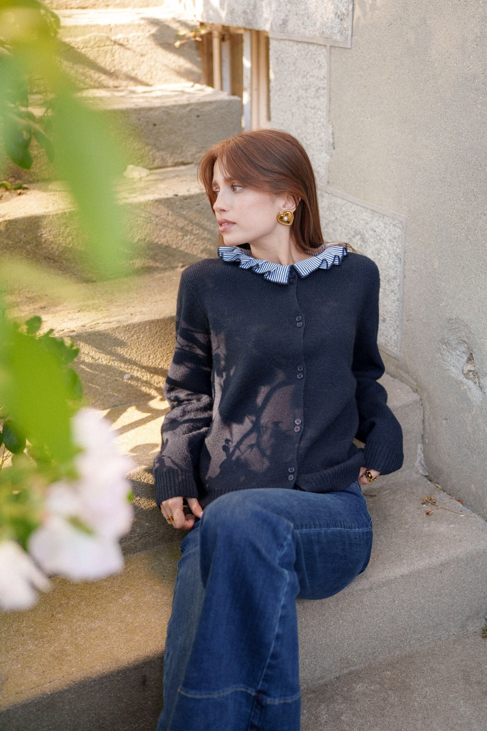 Maison Onado Amalya pull cardigan marine maille douce