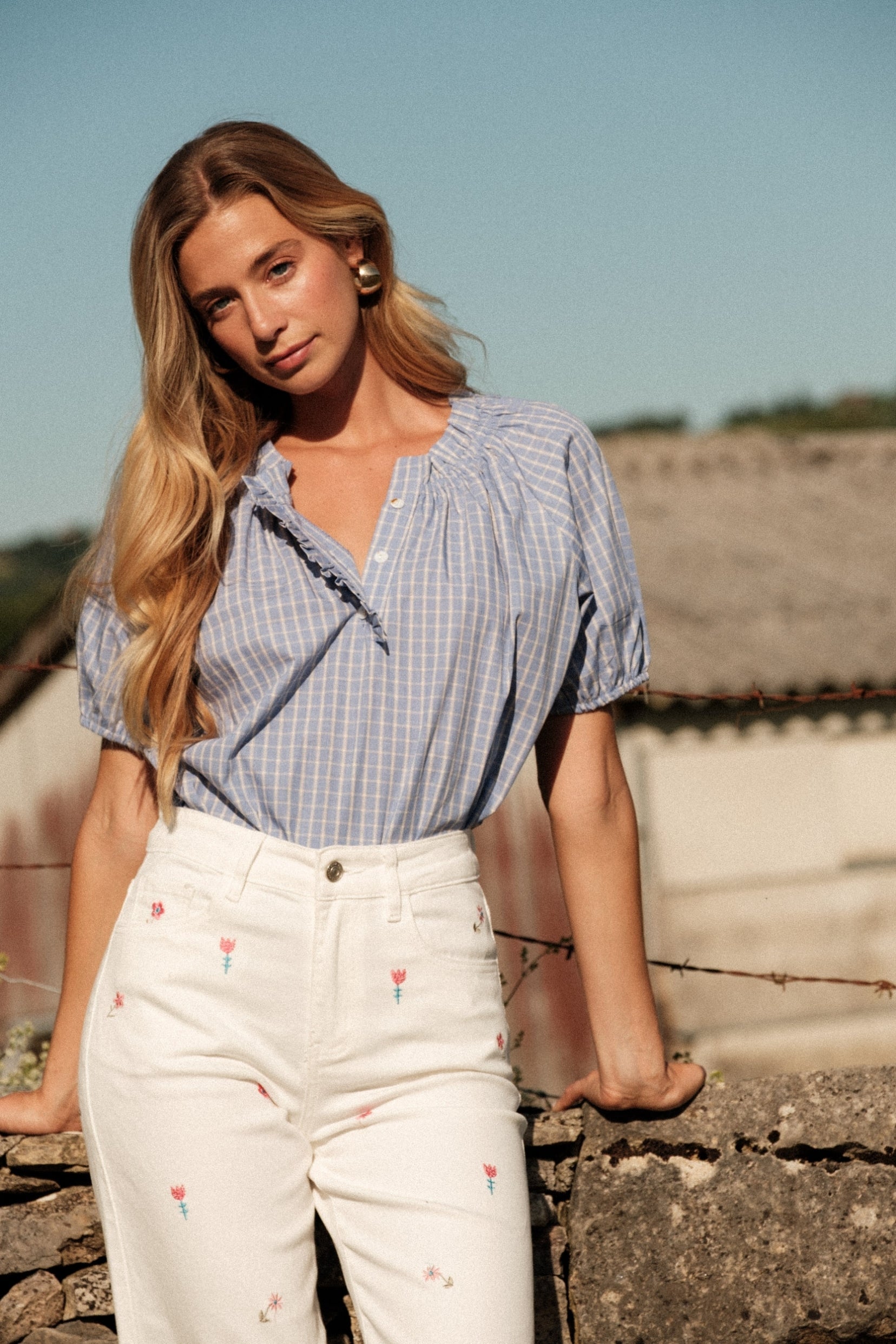 Maison Onado Carline top vichy bleu ciel coton