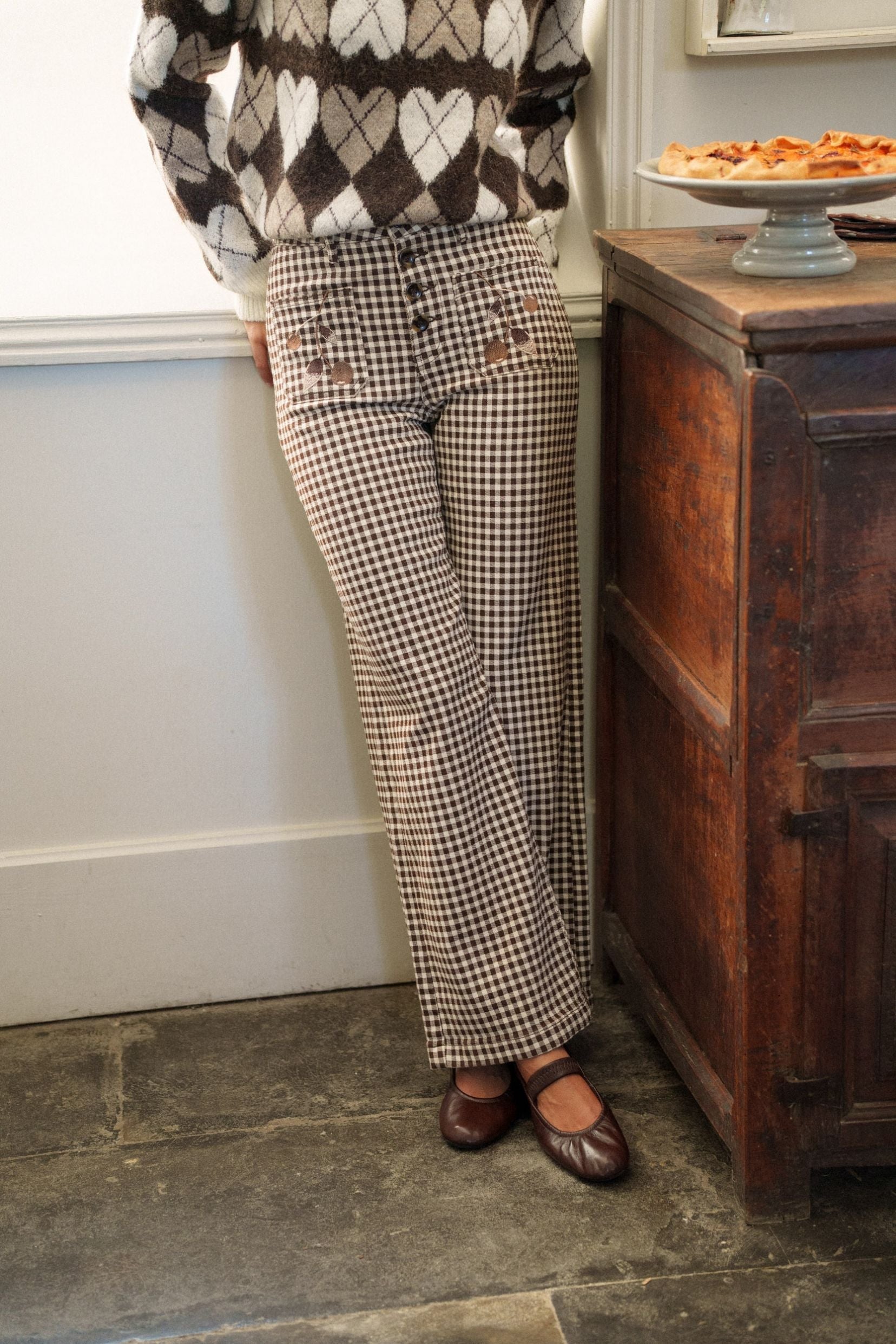 Maison Onado Ella pantalon wide leg vichy chocolat