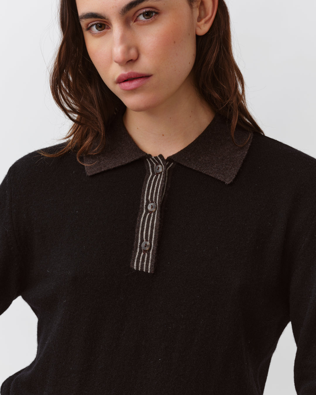 DIEGA POLCO pull polo noir chocolat maille fine