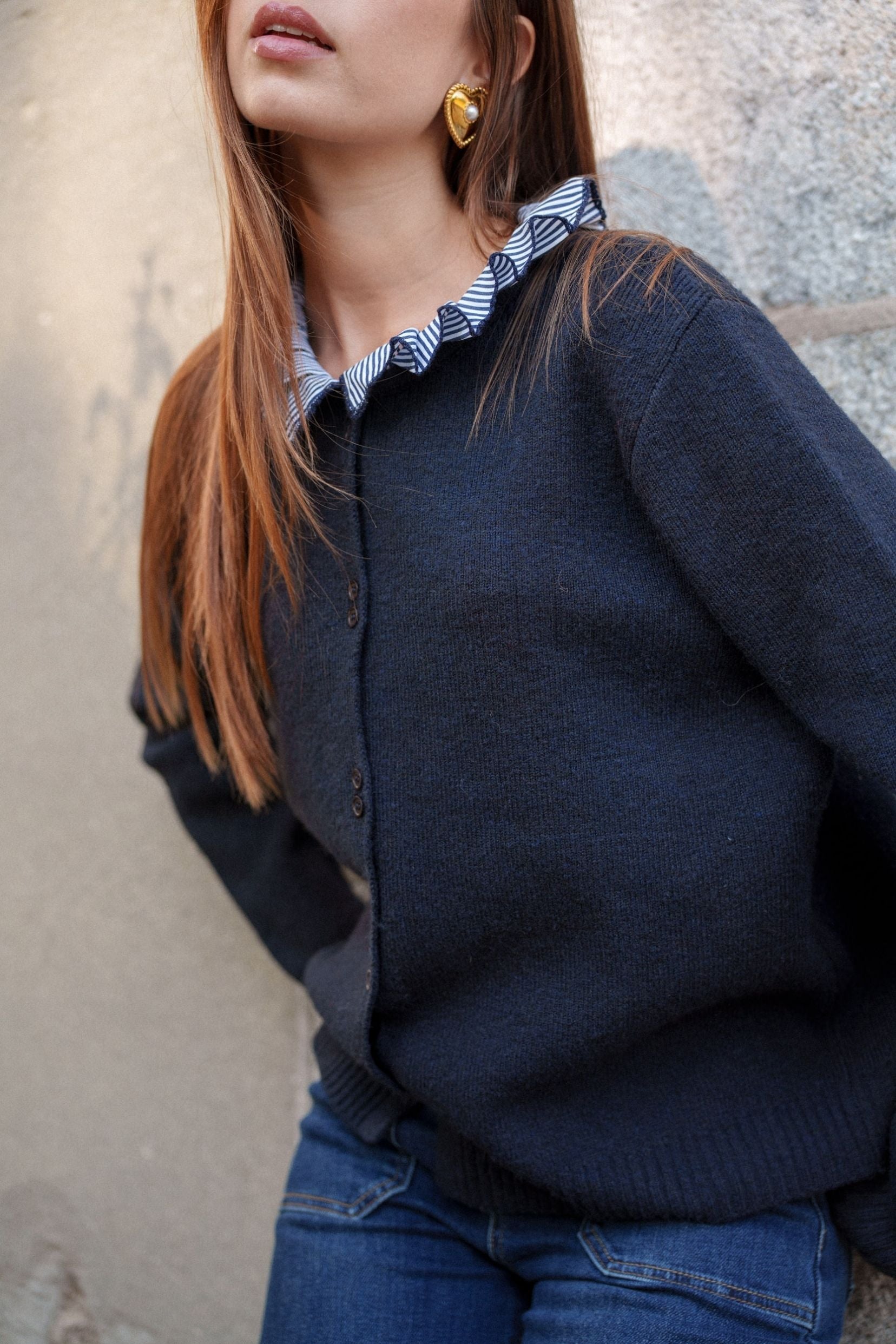 Maison Onado Amalya pull cardigan marine maille douce