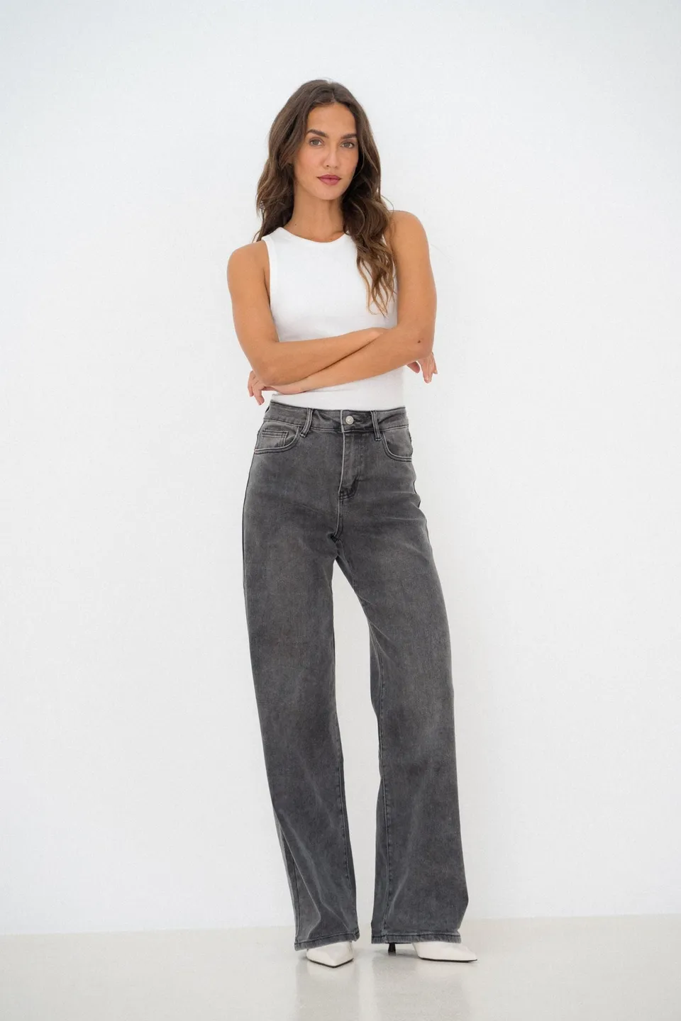 Maison Onado Philice jean wide leg gris délavé coton