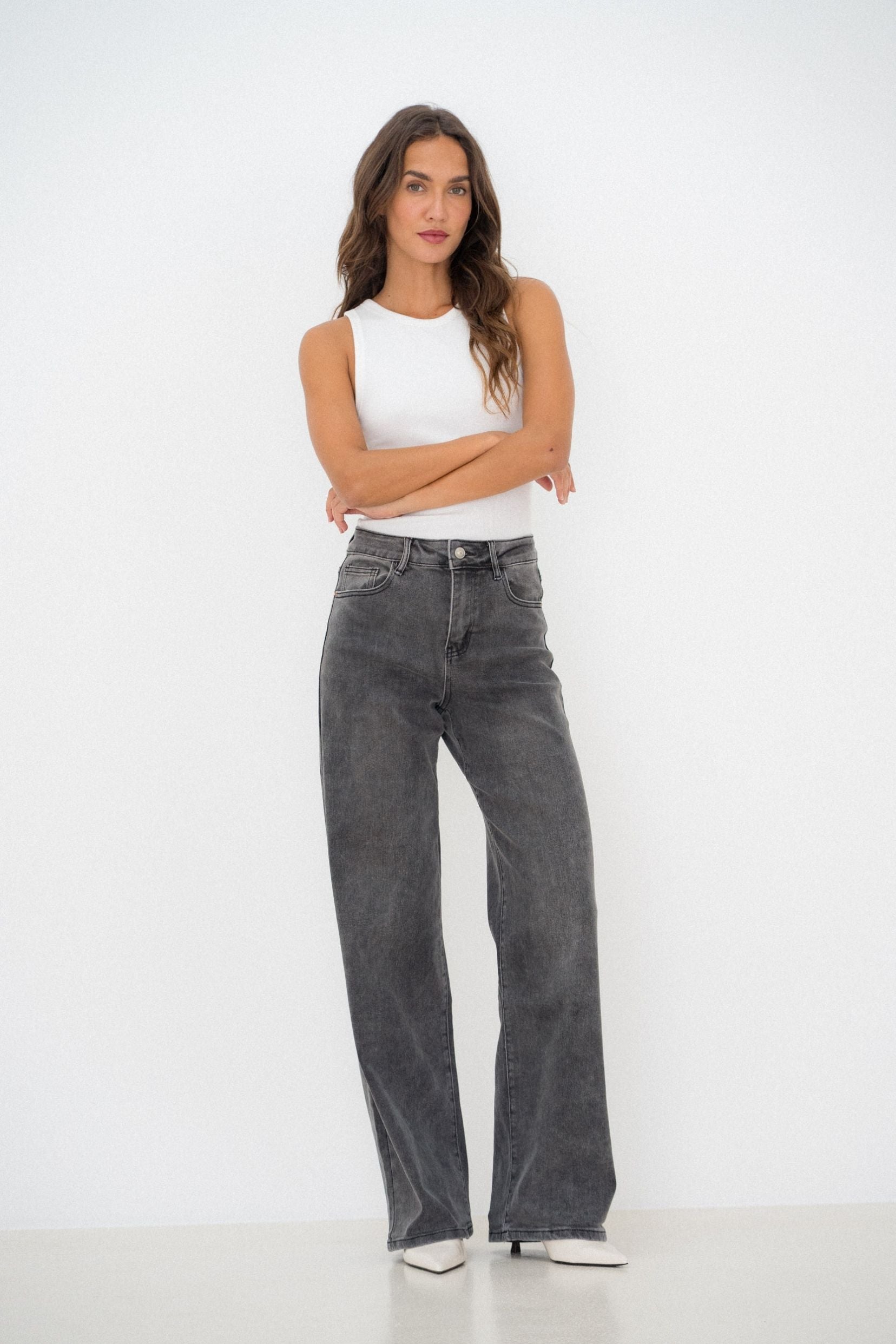 Maison Onado Philice jean wide leg gris délavé coton