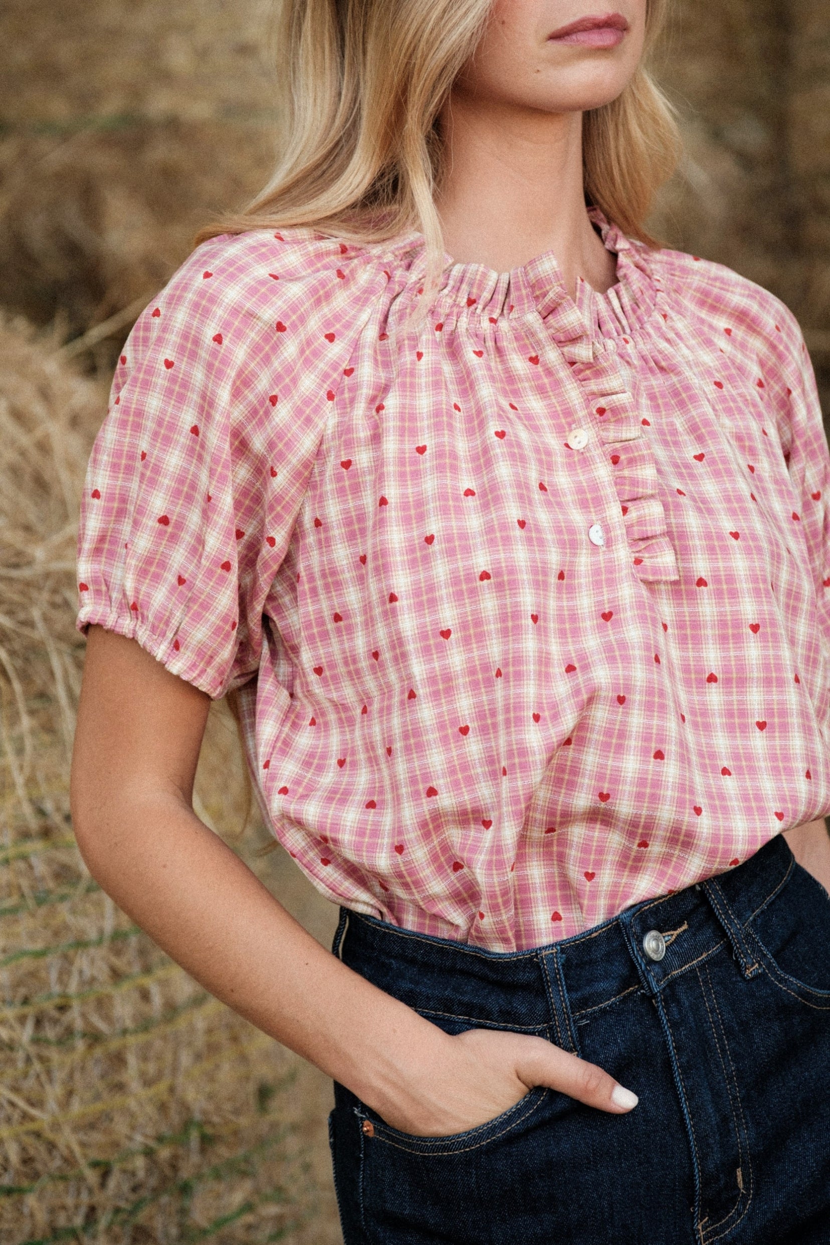 Maison Onado June blouse vichy rose coton cœurs