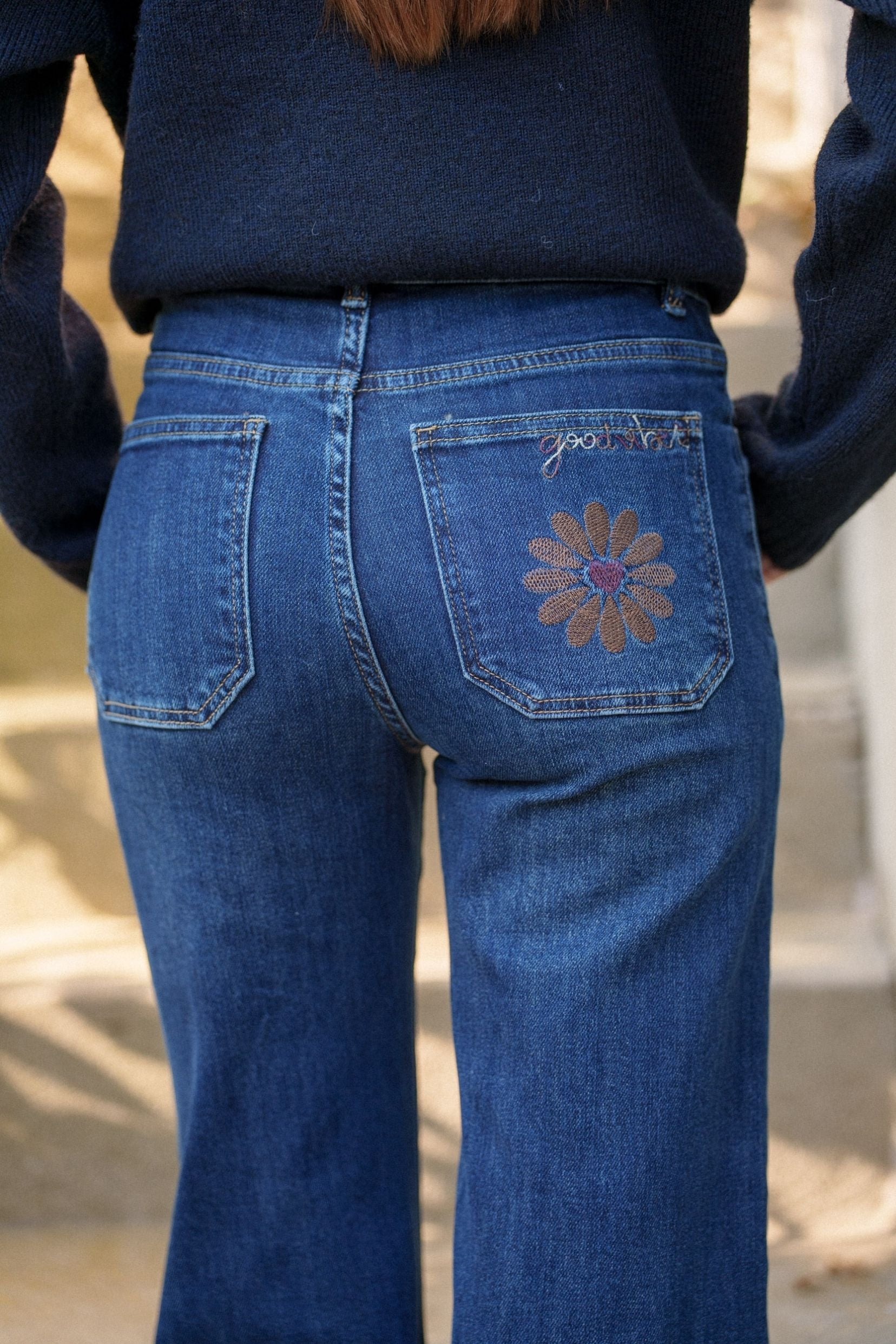 Maison Onado Justine jean wide bleu denim broderie fleur