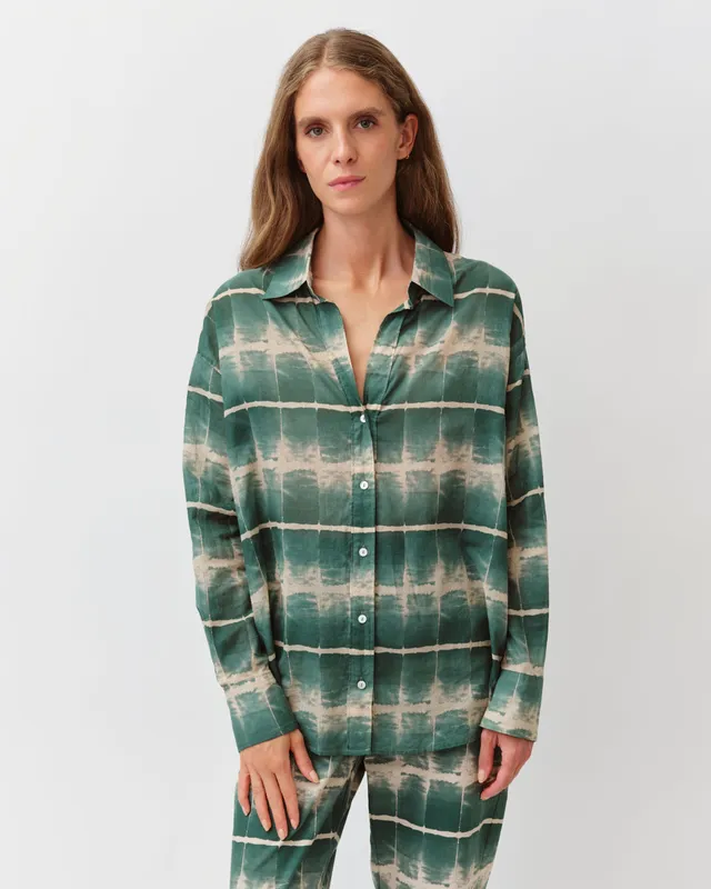 DIEGA Cirilla chemise fluide aqua écru coupe droite