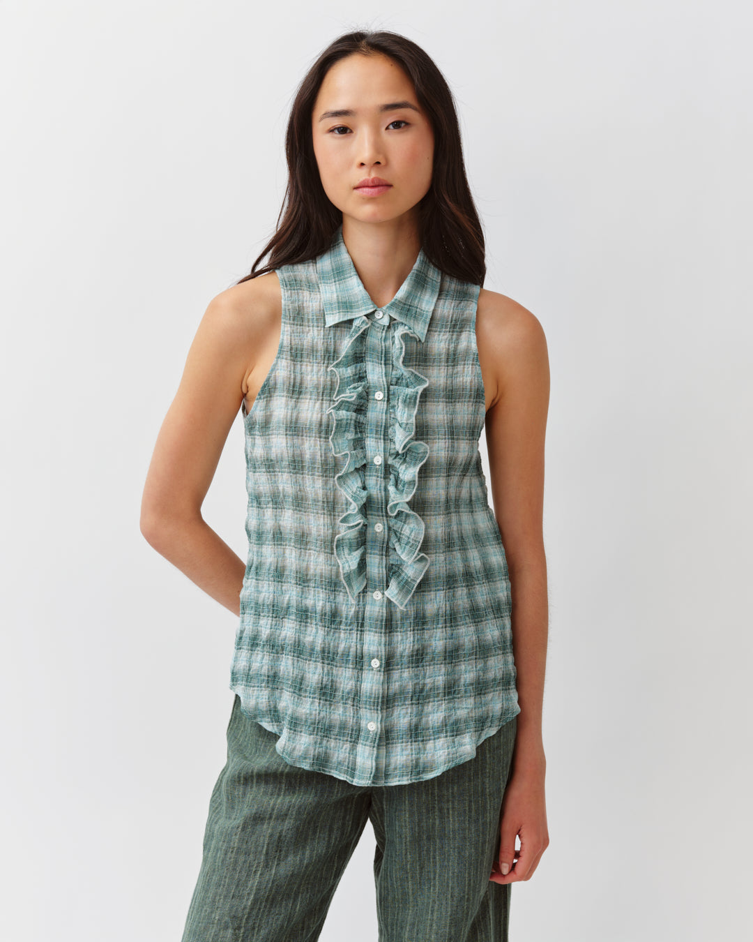 Diega Cheka chemise sans manches aqua vert jabot