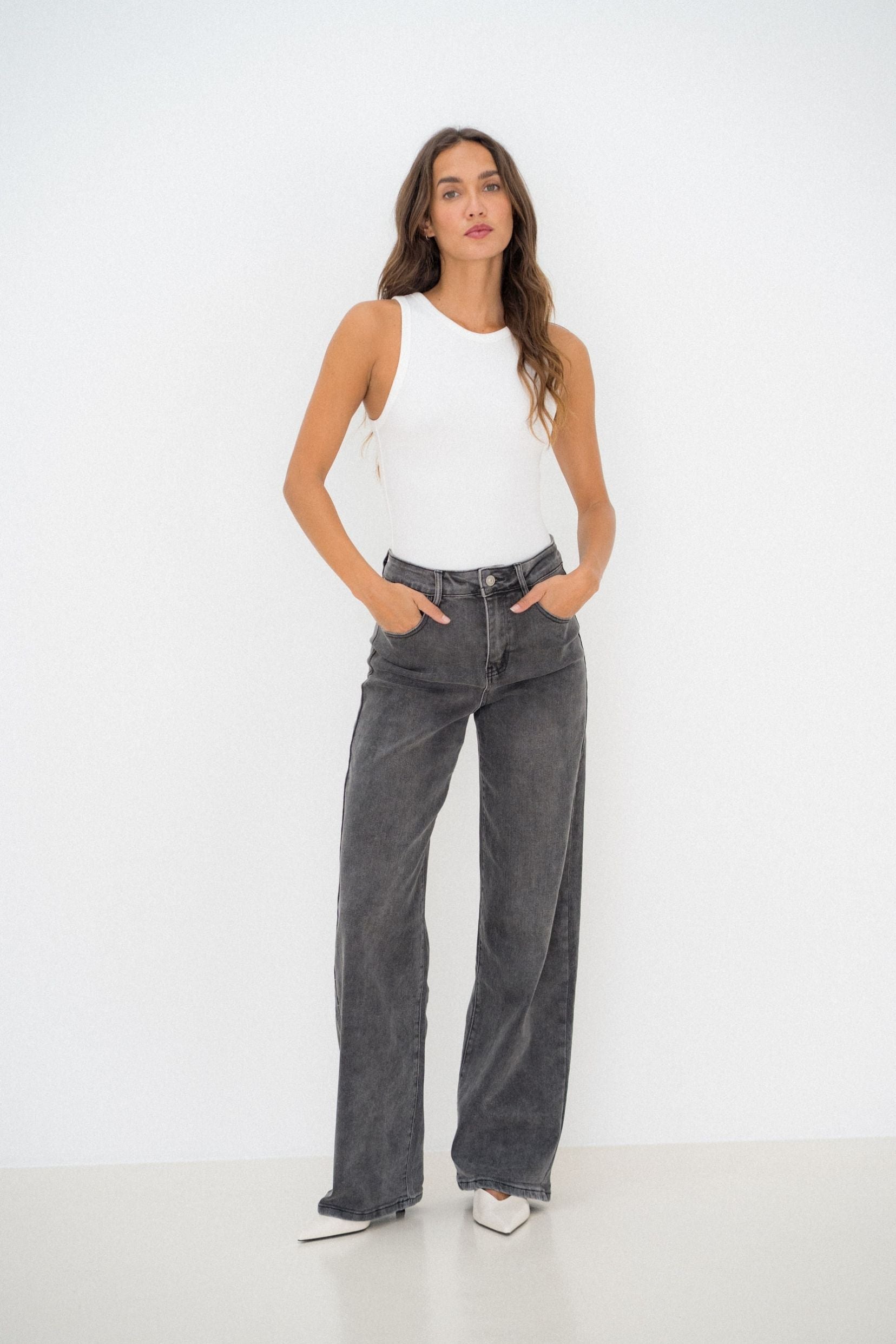 Maison Onado Philice jean wide leg gris délavé coton
