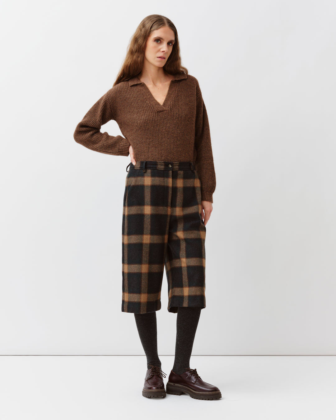 DIEGA BILBAO bermuda taille haute carreaux vert camel