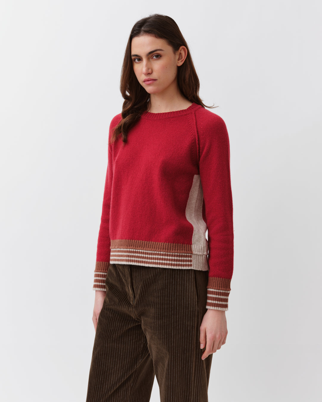 Diega Palizo pull rouge écru camel à rayures