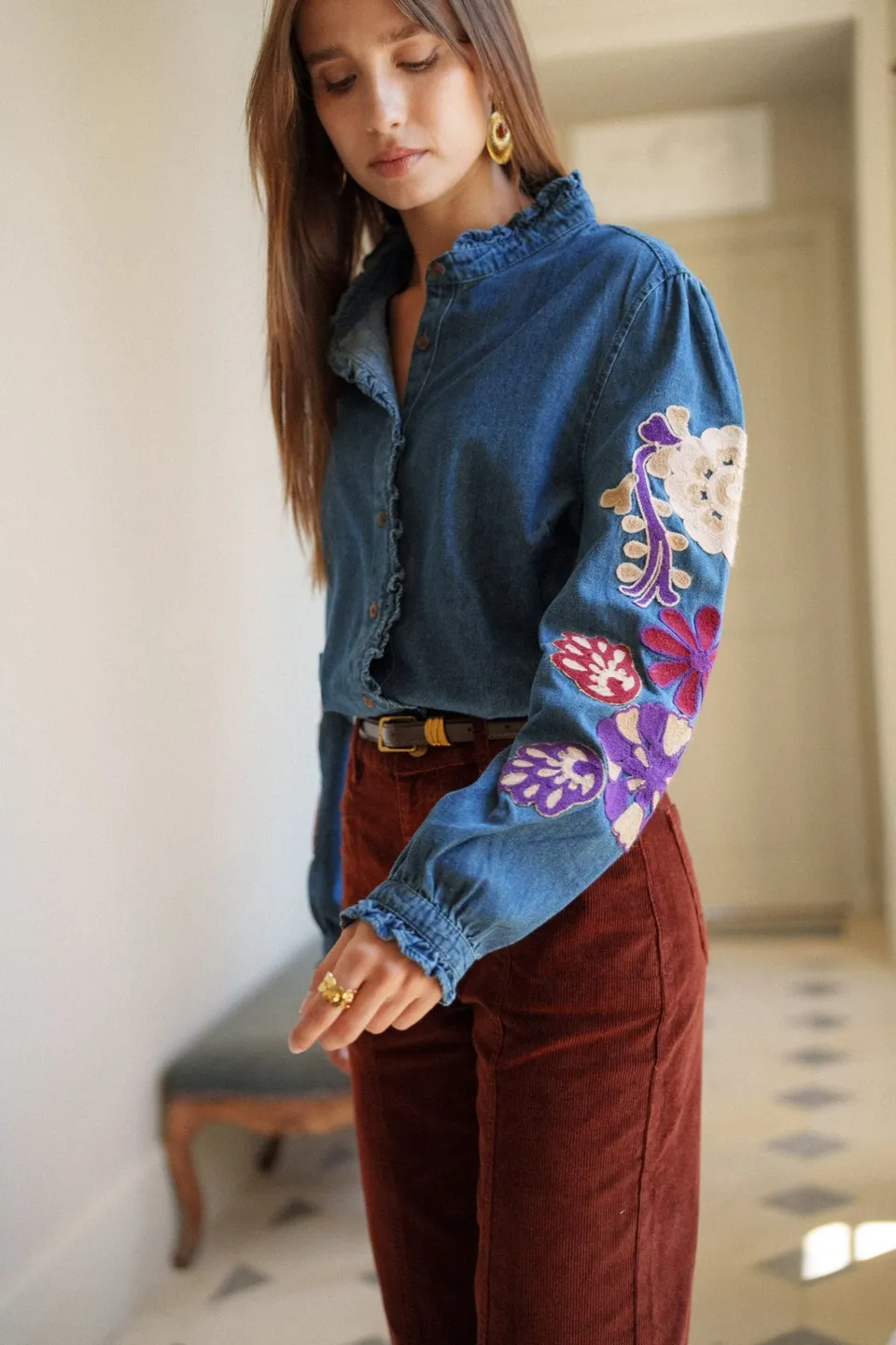 Maison Onado Léonie chemise denim broderie florale
