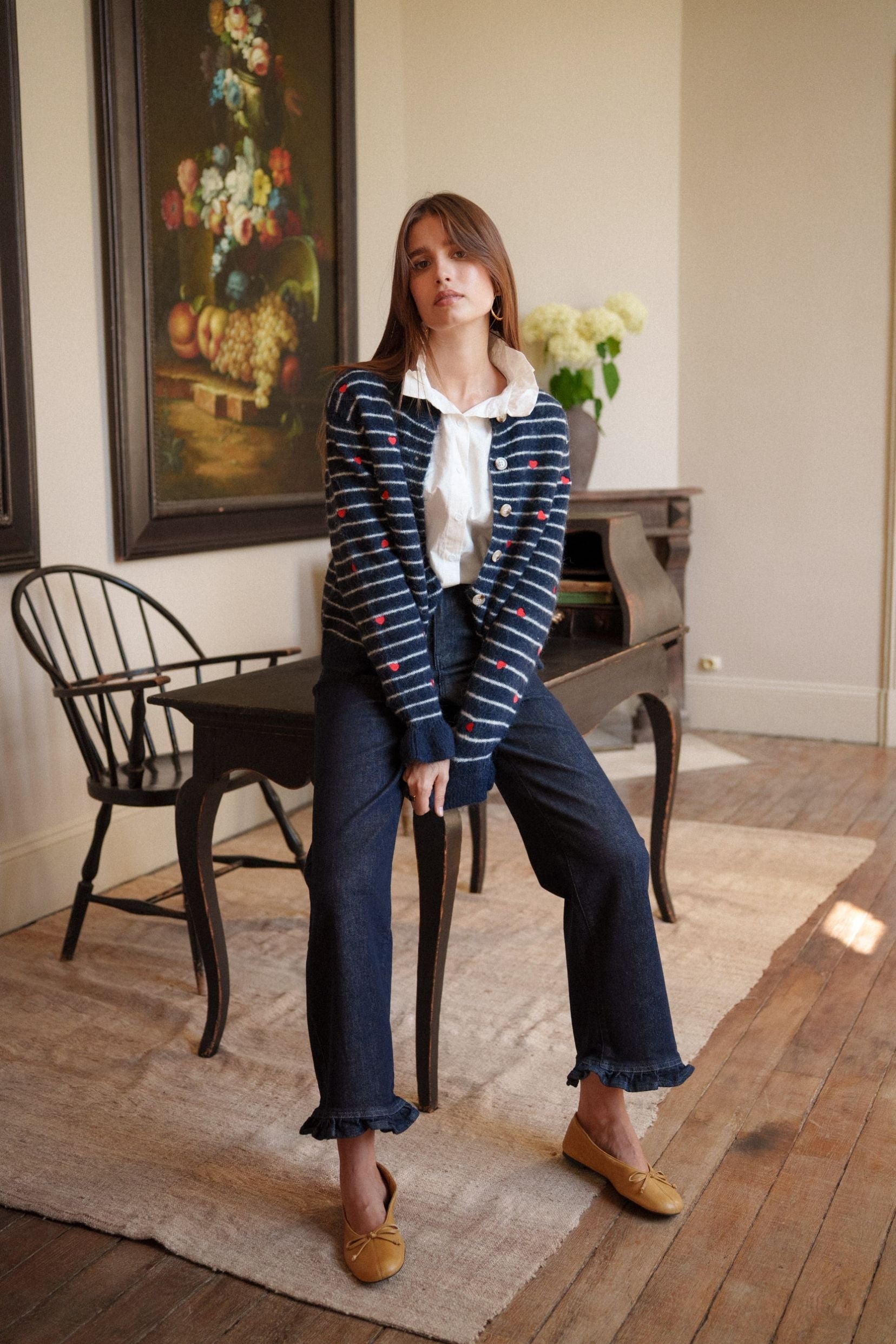 Maison Onado Lucia gilet rayé maille cœurs brodés TU