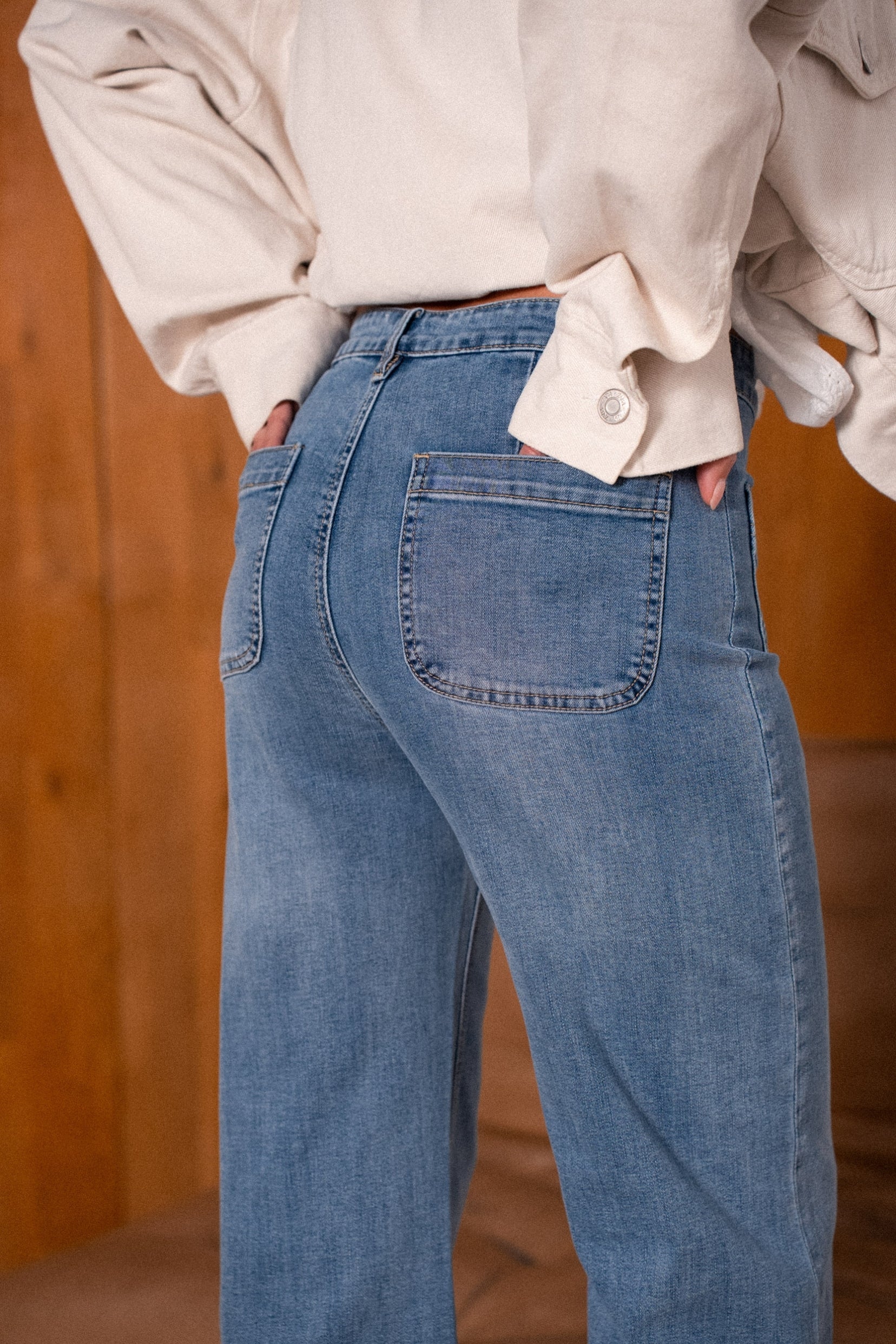 Maison Onado Pépita jean wide flare bleu délavé coton