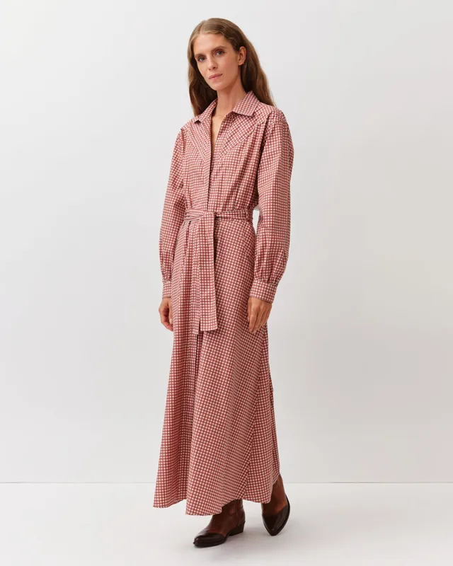 DIEGA RAVIA robe chemise écru rouge ceinturée