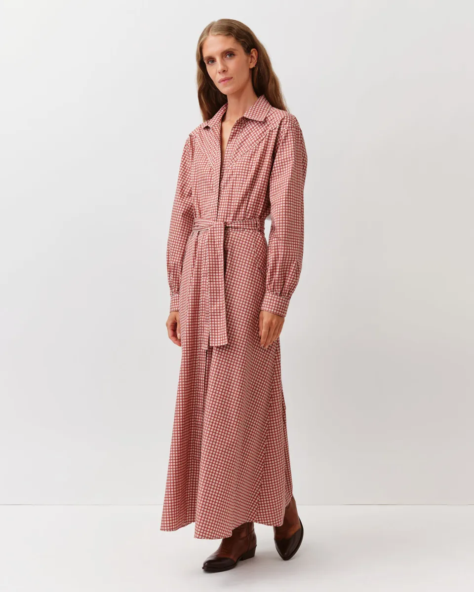 DIEGA RAVIA robe chemise écru rouge ceinturée