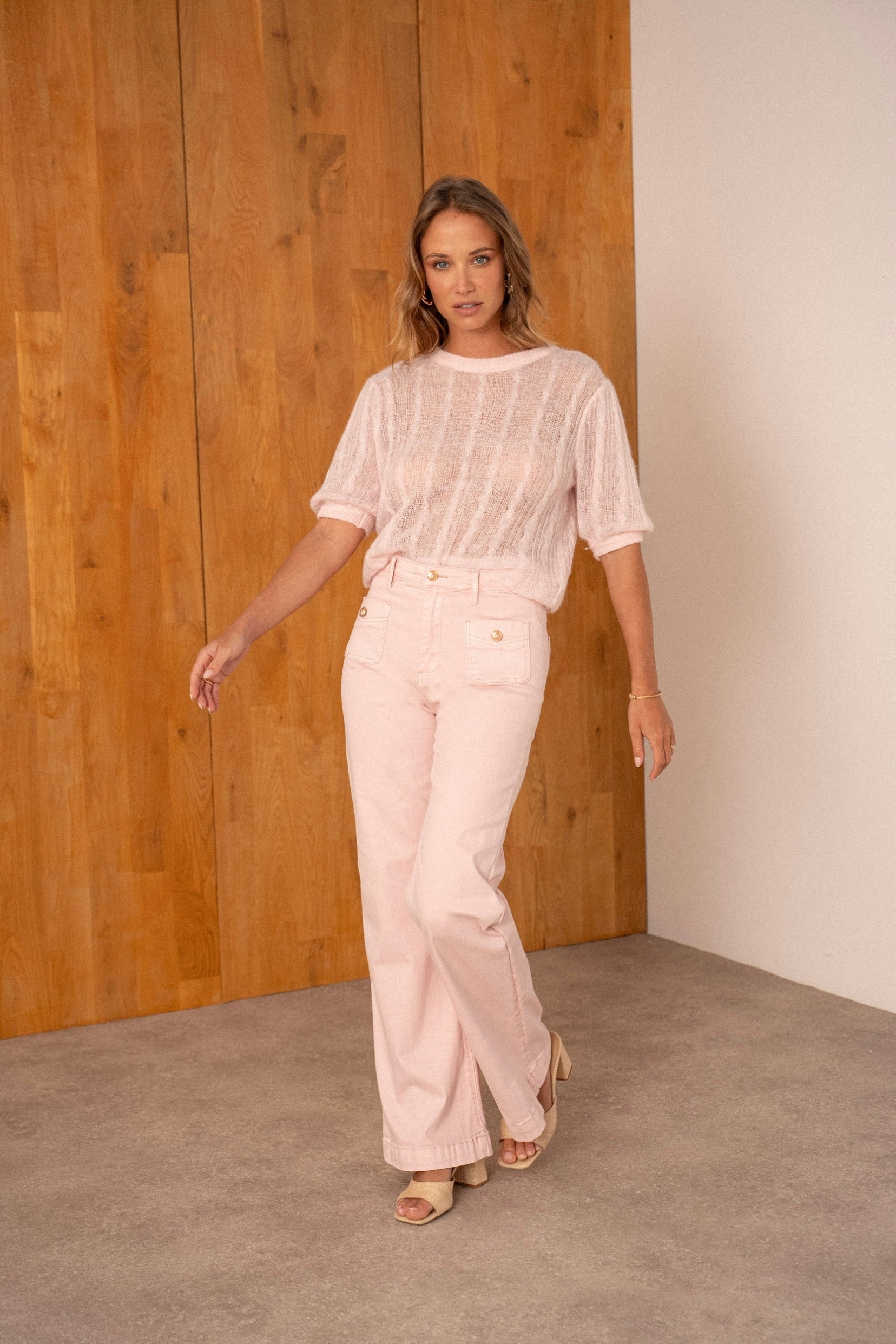 Maison Onado Pépita jean flare rose poudre