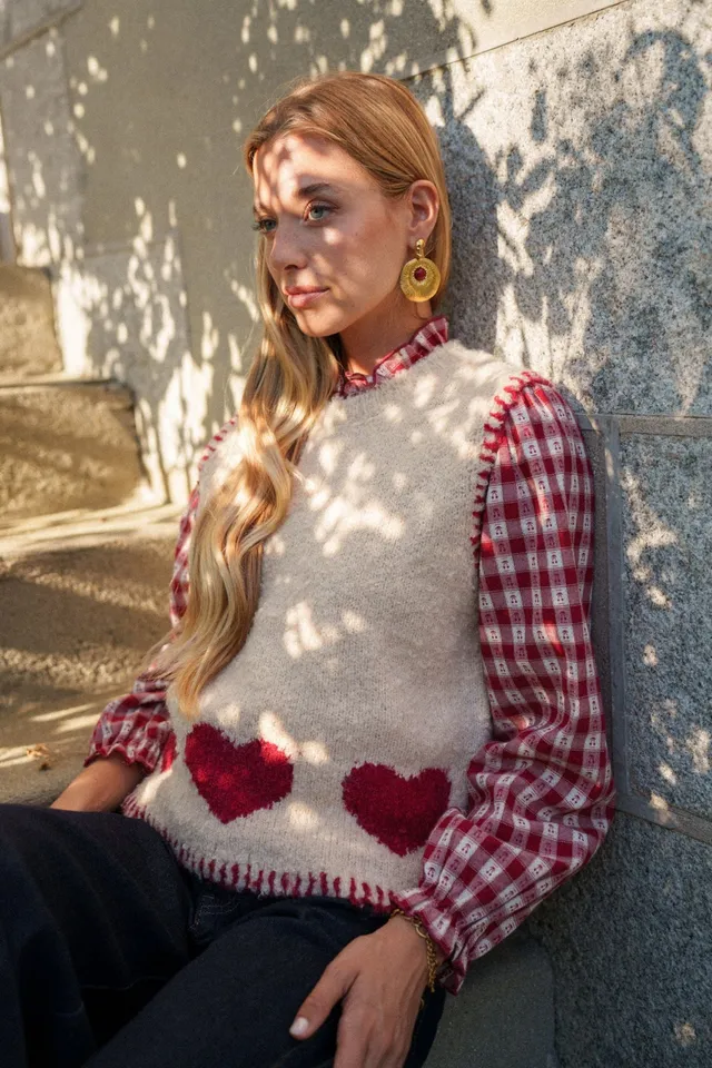 Maison Onado Estelle pull sans manches écru à cœurs