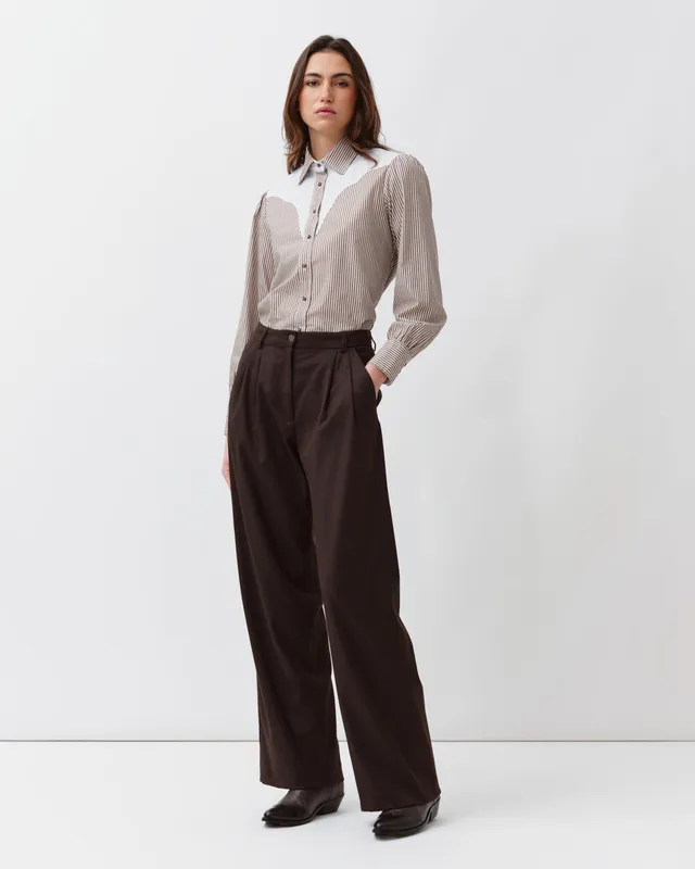 DIEGA PAVANAO pantalon large chocolat taille haute