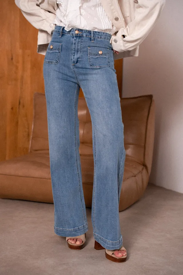 Maison Onado Pépita jean wide flare bleu délavé coton