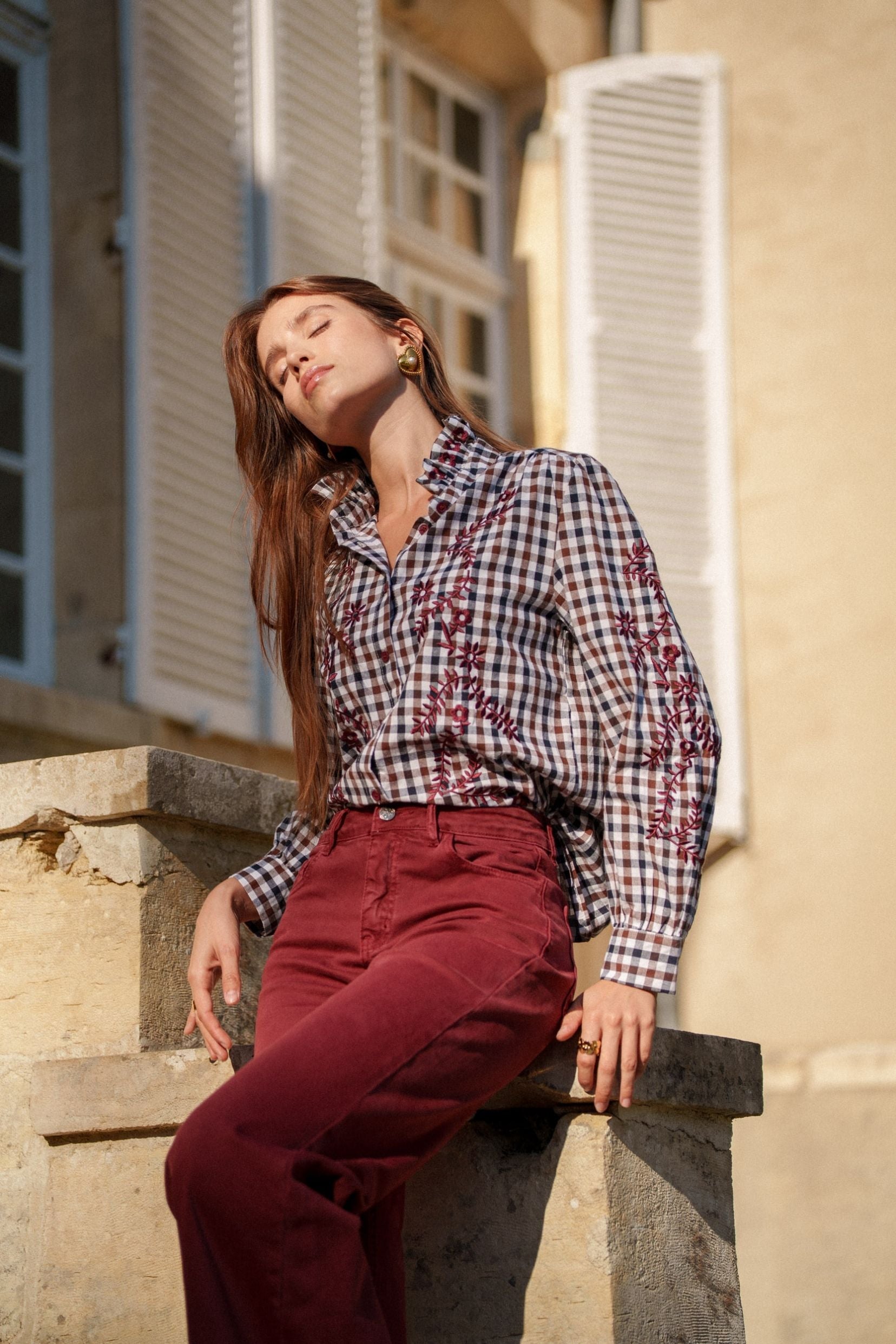 Maison Onado Irène chemise vichy broderie bordeaux