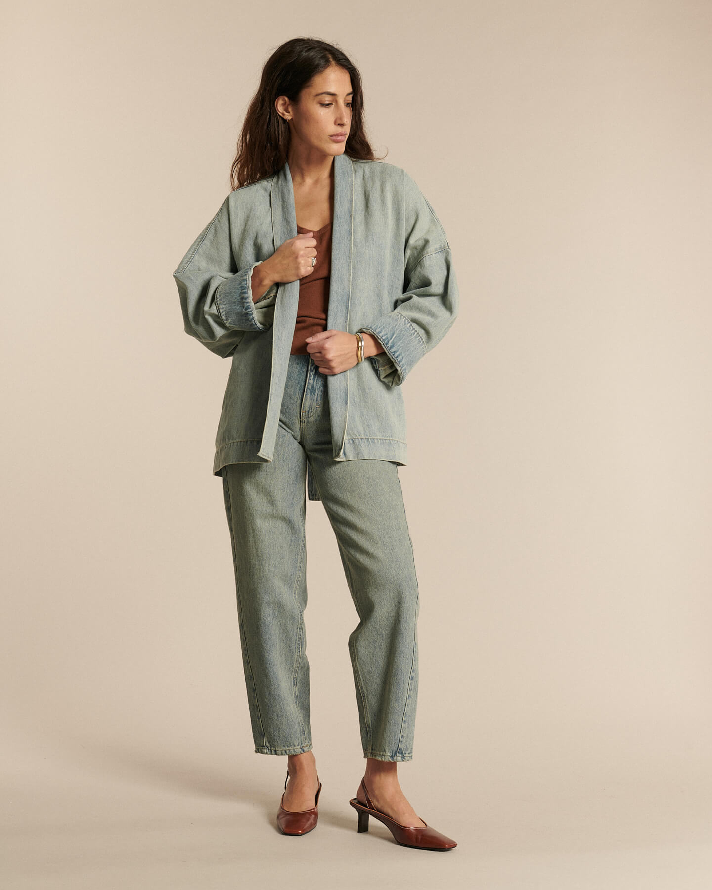 Labdip Bali Dirty Blue veste jean kimono mi-longue
