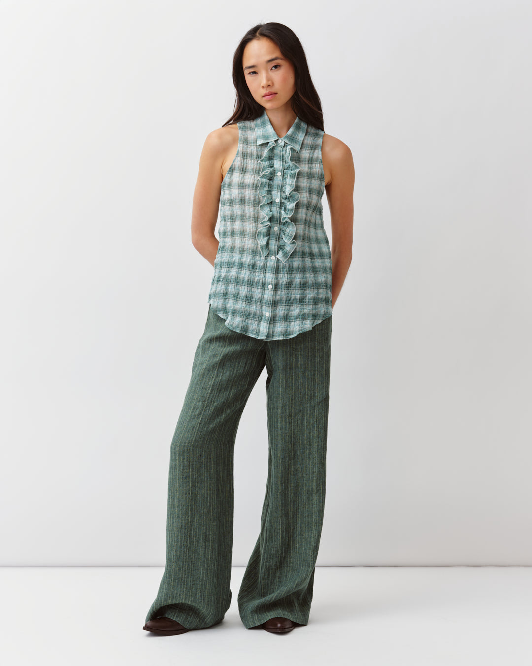 Diega Cheka chemise sans manches aqua vert jabot