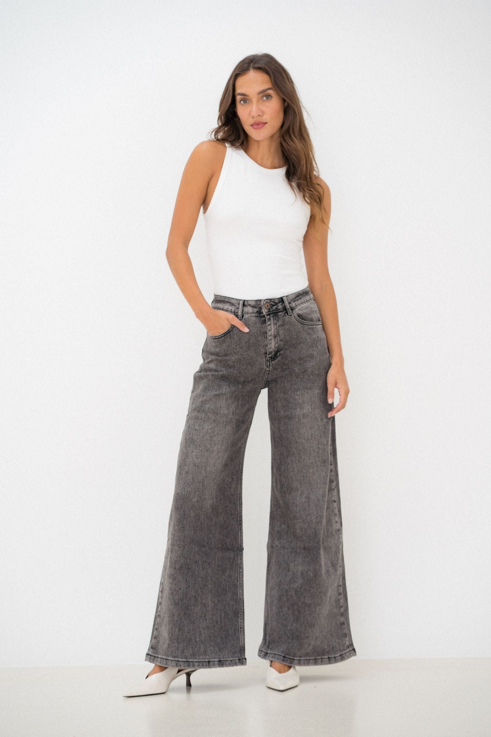 Maison Onado Louloute jean wide leg gris délavé taille haute