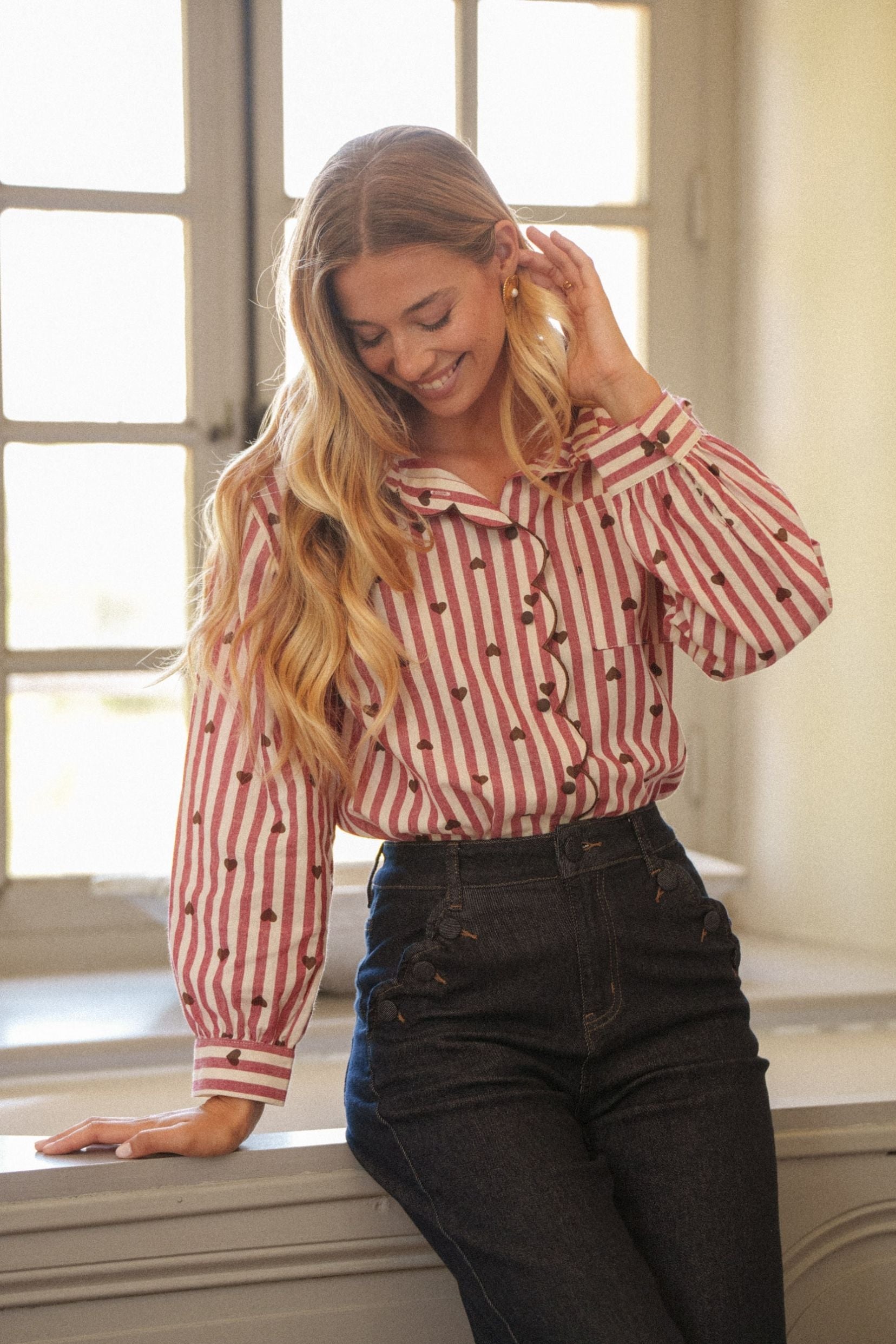 Maison Onado Esmé chemise rayures cœurs brodés