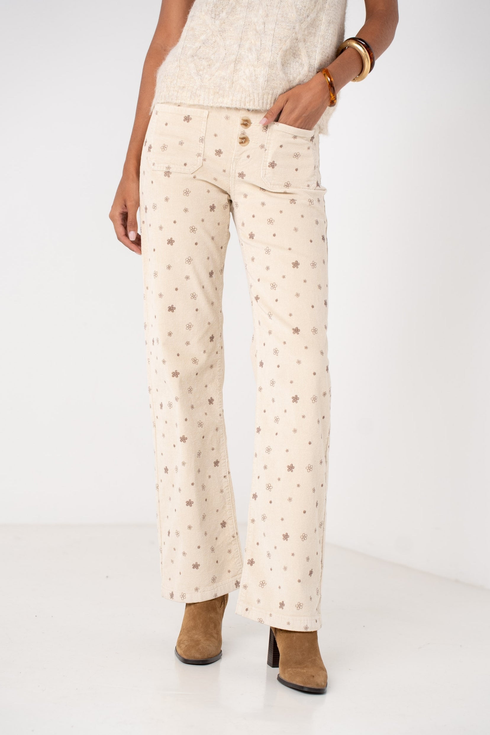 Maison Onado Amaya pantalon velours écru fleuri