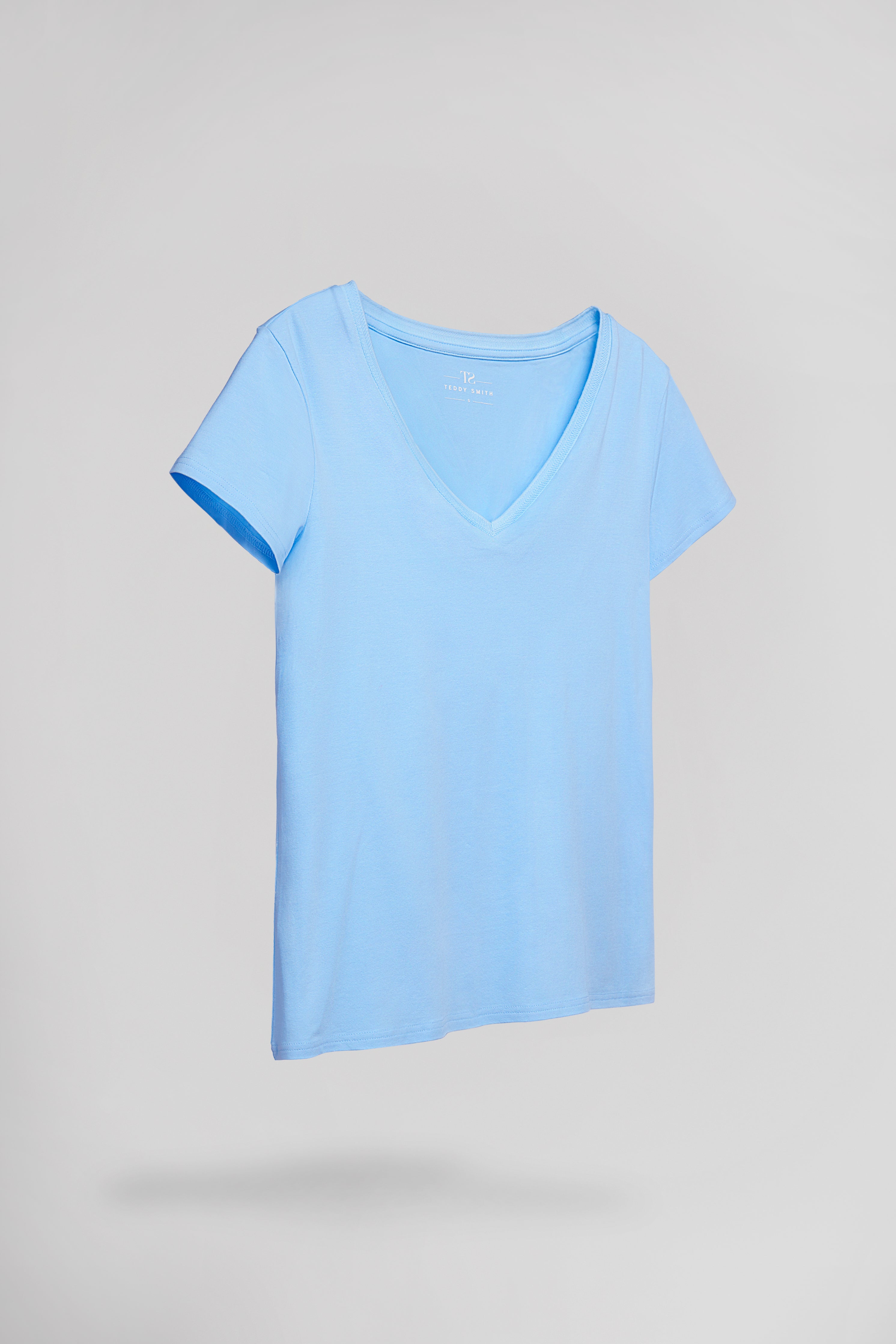 Teddy Smith T-Mia T-Shirt Bleu Ciel Col V Femme Fluide