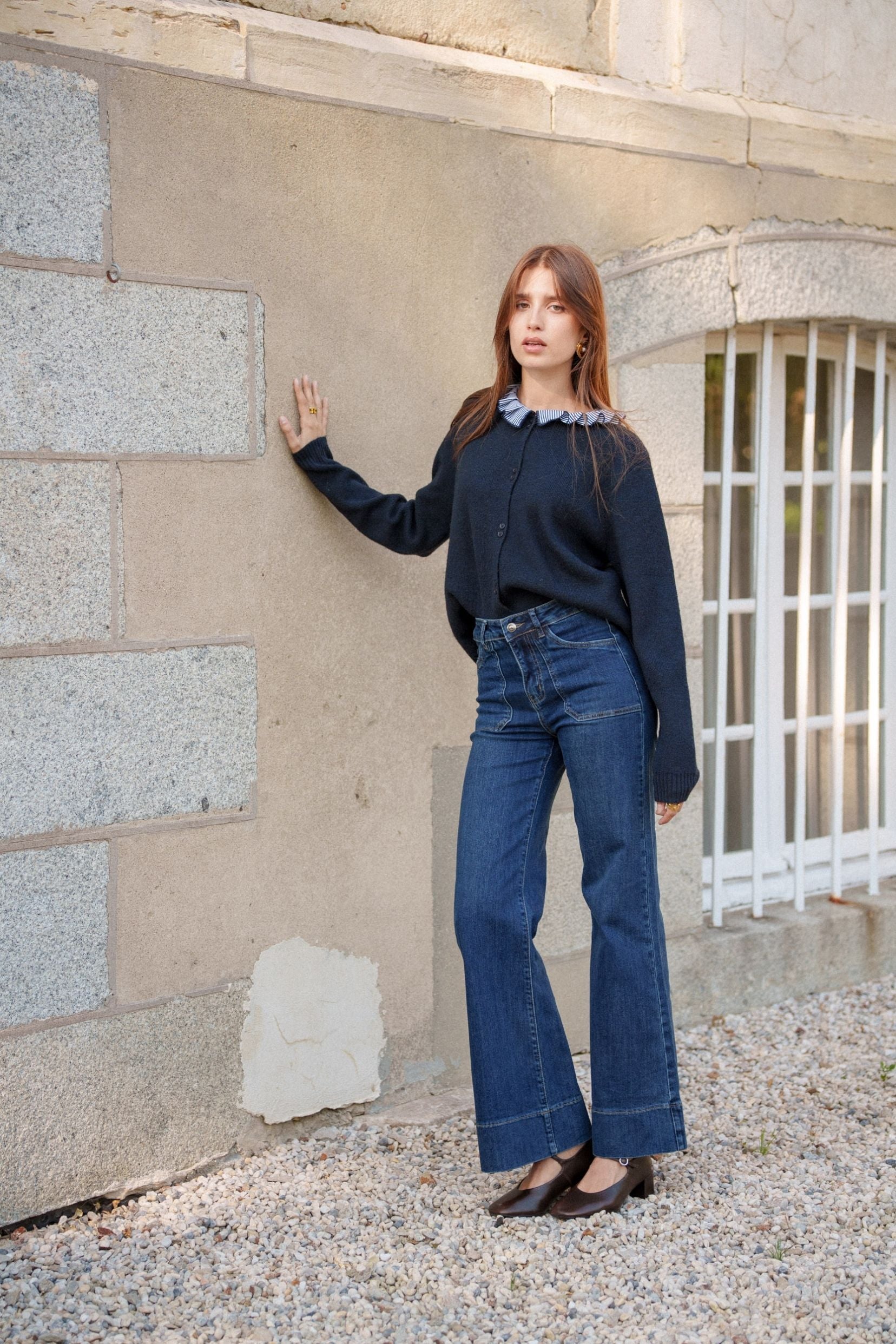 Maison Onado Justine jean wide bleu denim broderie fleur