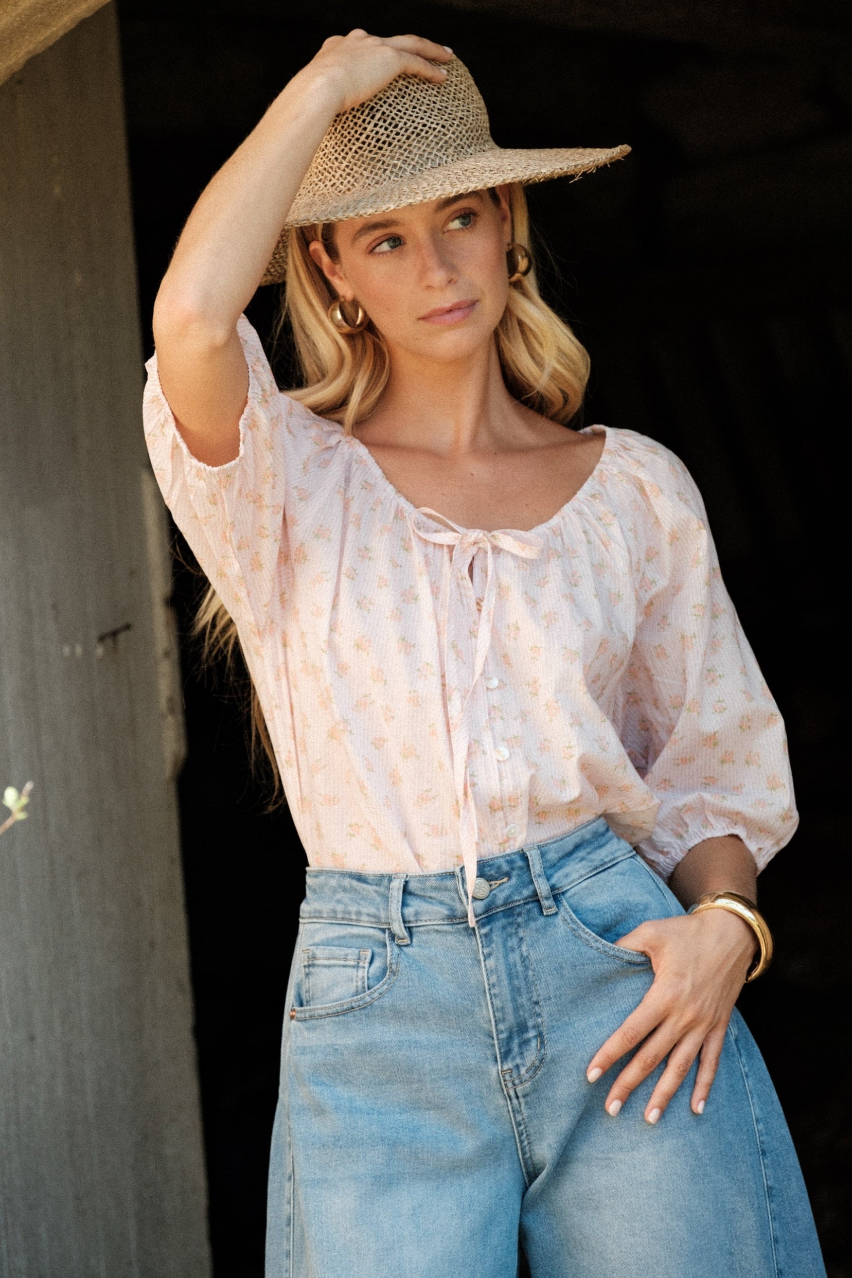 Maison Onado Gabriel blouse rose floral coton manches ballon